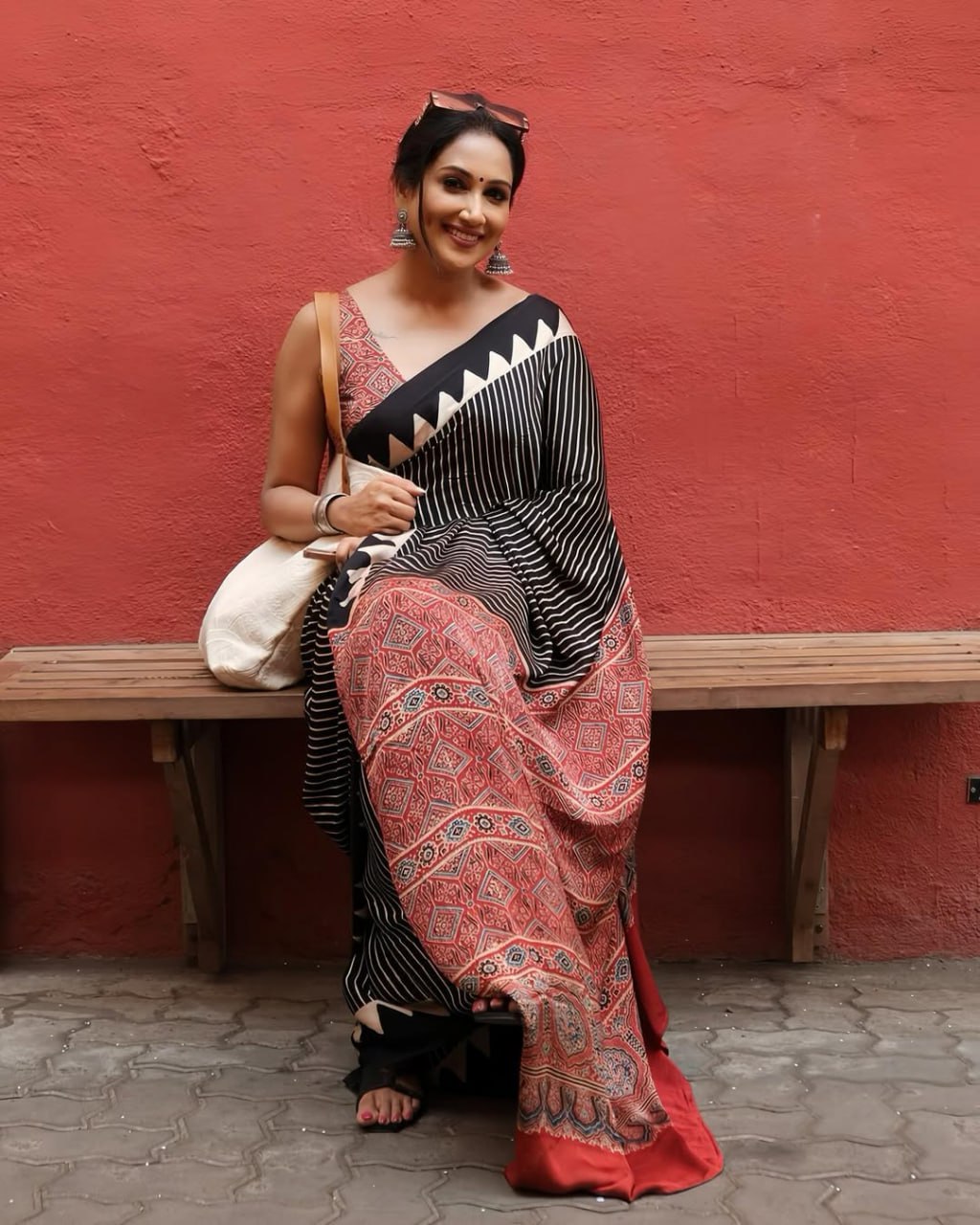 Luxury Black Linen Saree with Ajrakh-Inspired Red Prints & Classic Stripe Pallu