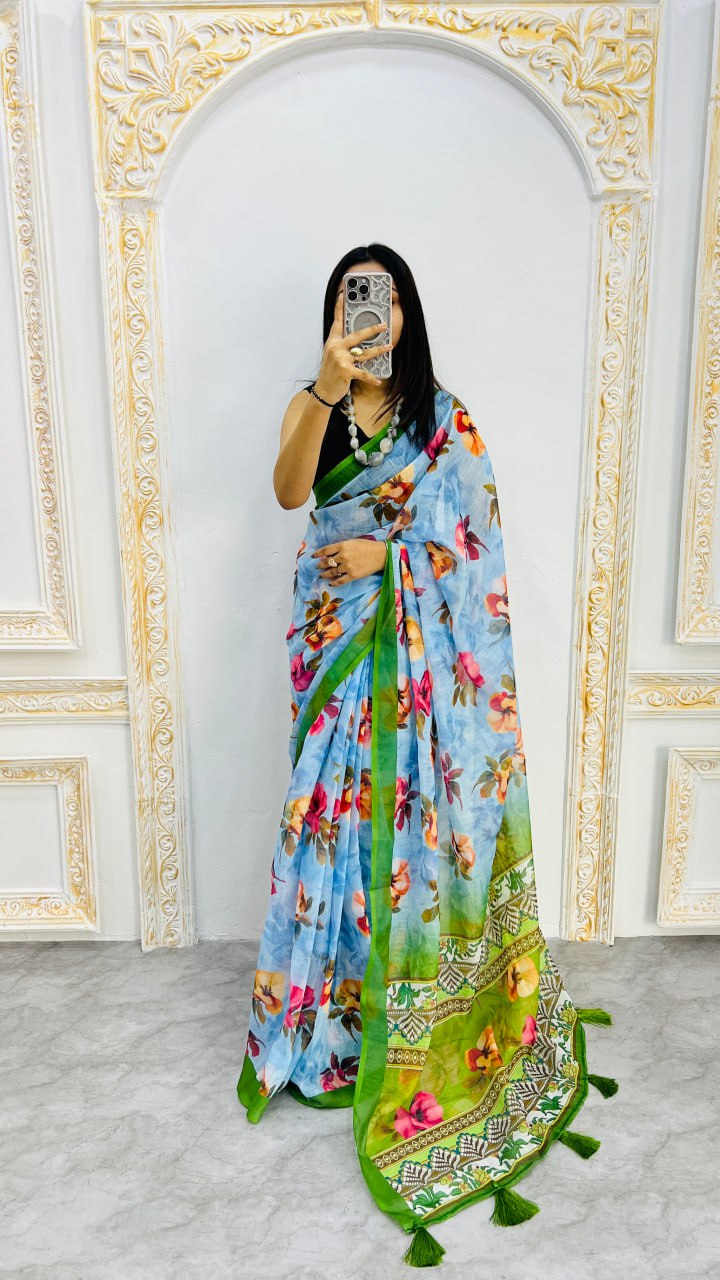 Luxury Sky Blue Linen Saree with Vibrant Floral Prints & Fresh Green Border
