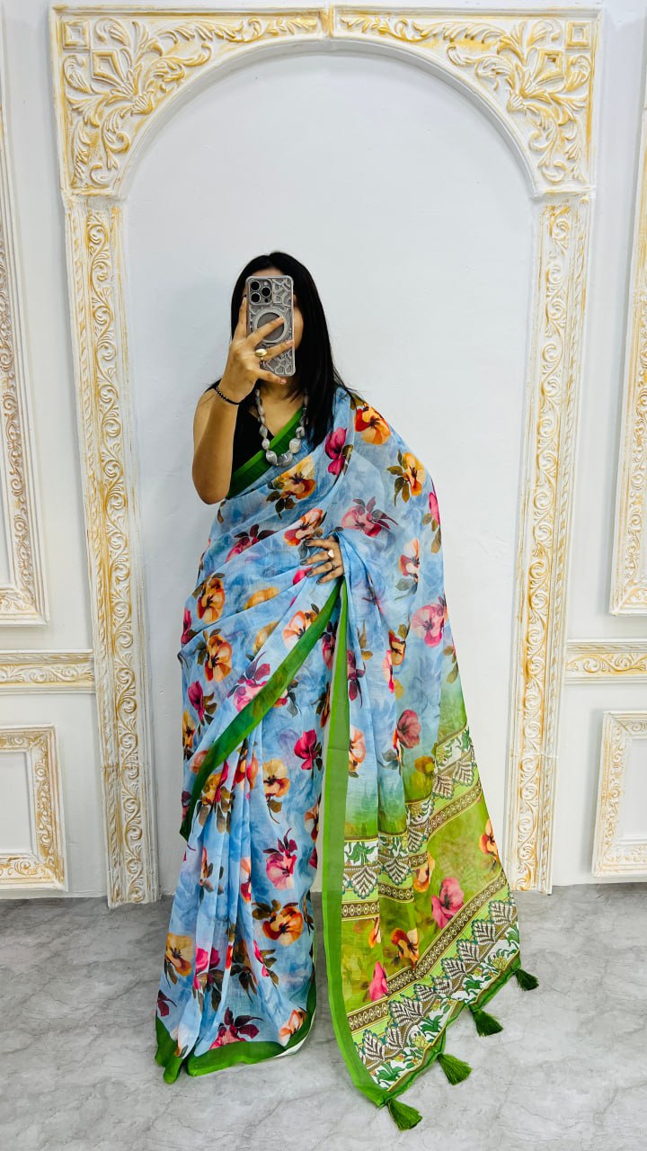 Luxury Sky Blue Linen Saree with Vibrant Floral Prints & Fresh Green Border