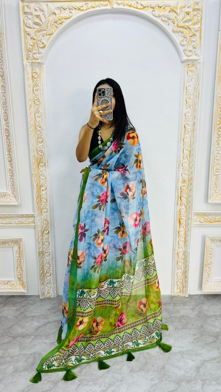 Luxury Sky Blue Linen Saree with Vibrant Floral Prints & Fresh Green Border