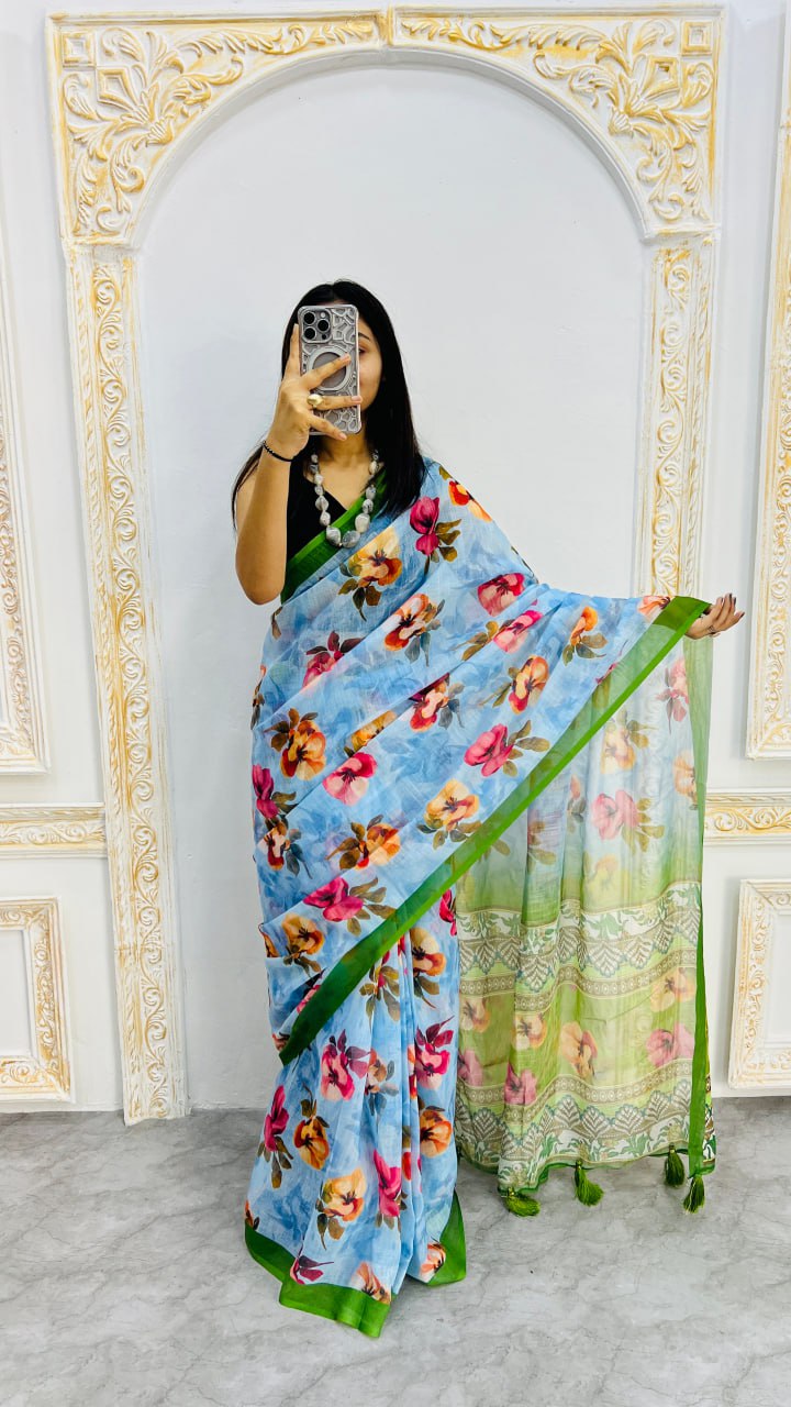 Luxury Sky Blue Linen Saree with Vibrant Floral Prints & Fresh Green Border