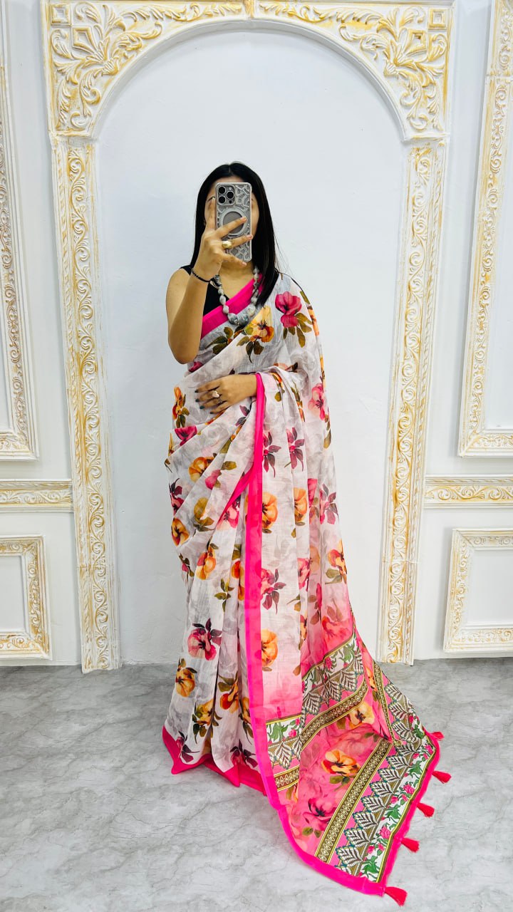 Luxury Ivory Linen Saree with Multicolor Floral Prints & Vibrant Pink Border