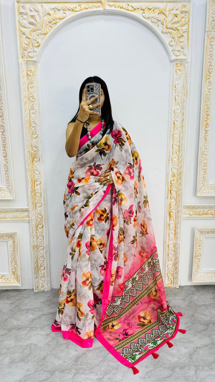 Luxury Ivory Linen Saree with Multicolor Floral Prints & Vibrant Pink Border