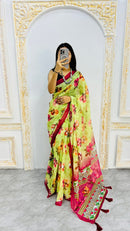 Luxury Lime Green Linen Saree with Vibrant Floral Prints & Wine Contrast Border