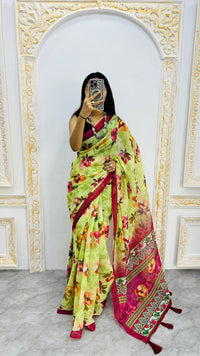 Luxury Lime Green Linen Saree with Vibrant Floral Prints & Wine Contrast Border