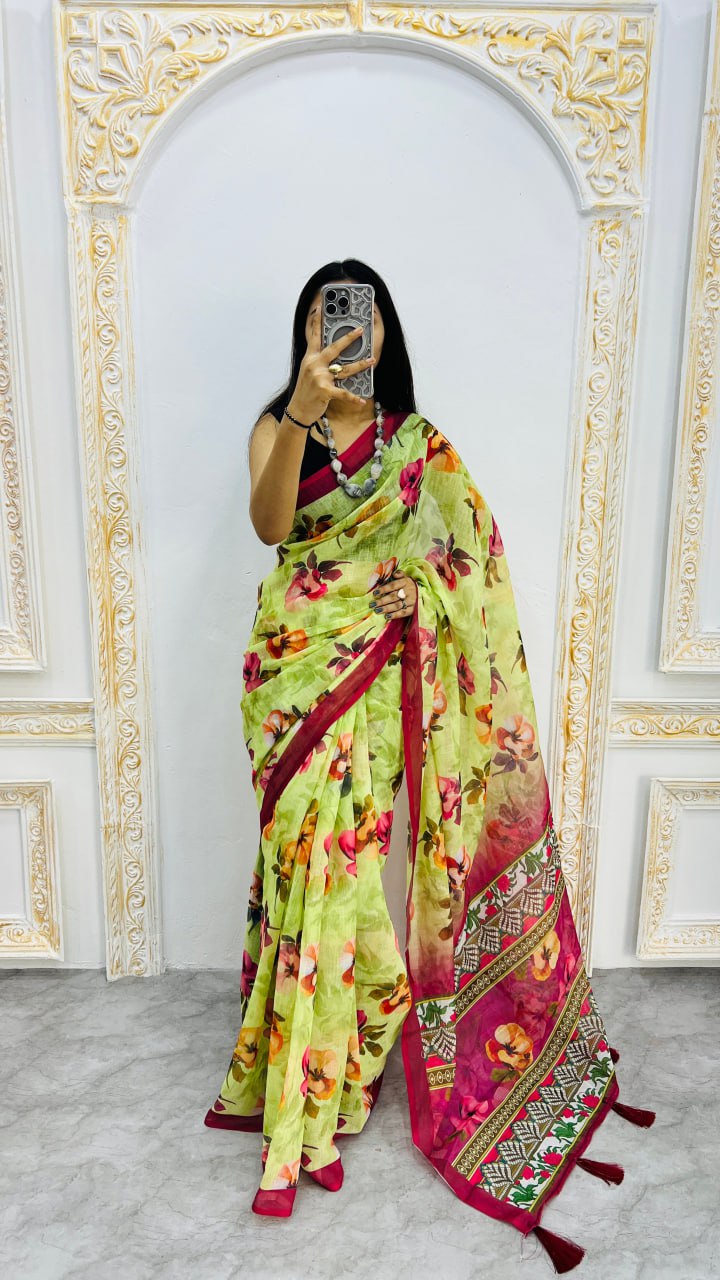Luxury Lime Green Linen Saree with Vibrant Floral Prints & Wine Contrast Border