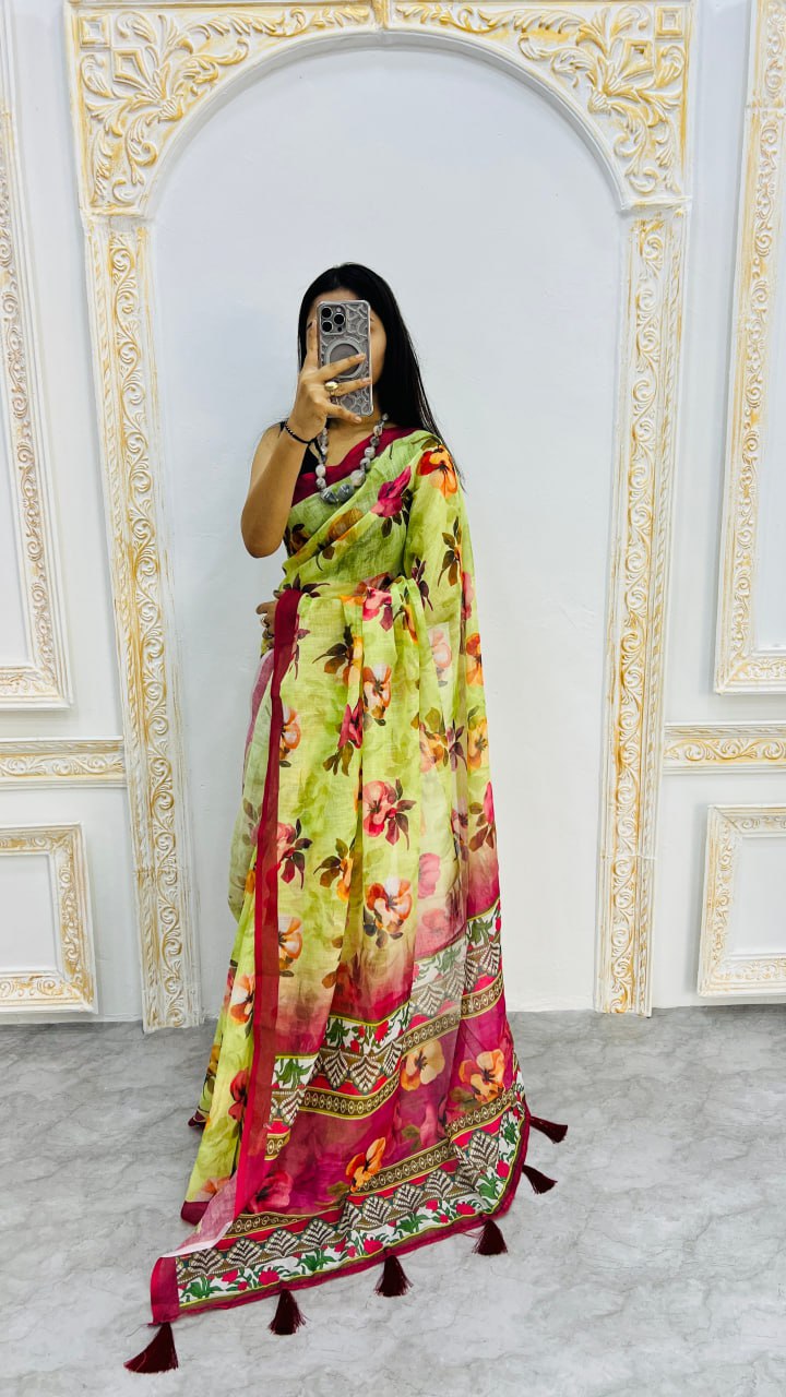 Luxury Lime Green Linen Saree with Vibrant Floral Prints & Wine Contrast Border