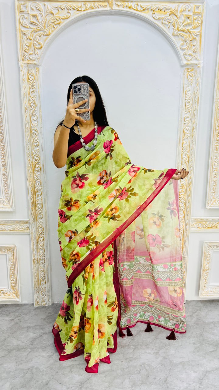 Luxury Lime Green Linen Saree with Vibrant Floral Prints & Wine Contrast Border