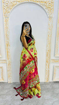 Luxury Lime Green Linen Saree with Vibrant Floral Prints & Wine Contrast Border