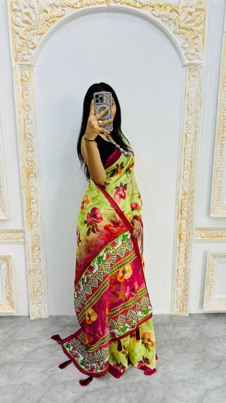 Luxury Lime Green Linen Saree with Vibrant Floral Prints & Wine Contrast Border