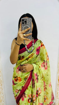 Luxury Lime Green Linen Saree with Vibrant Floral Prints & Wine Contrast Border