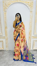 Luxury Beige Linen Saree with Elegant Floral Prints & Royal Blue Contrast Border