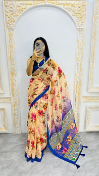 Luxury Beige Linen Saree with Elegant Floral Prints & Royal Blue Contrast Border