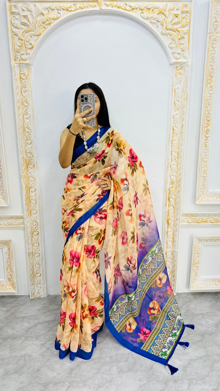 Luxury Beige Linen Saree with Elegant Floral Prints & Royal Blue Contrast Border