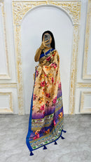 Luxury Beige Linen Saree with Elegant Floral Prints & Royal Blue Contrast Border