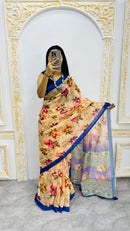 Luxury Beige Linen Saree with Elegant Floral Prints & Royal Blue Contrast Border