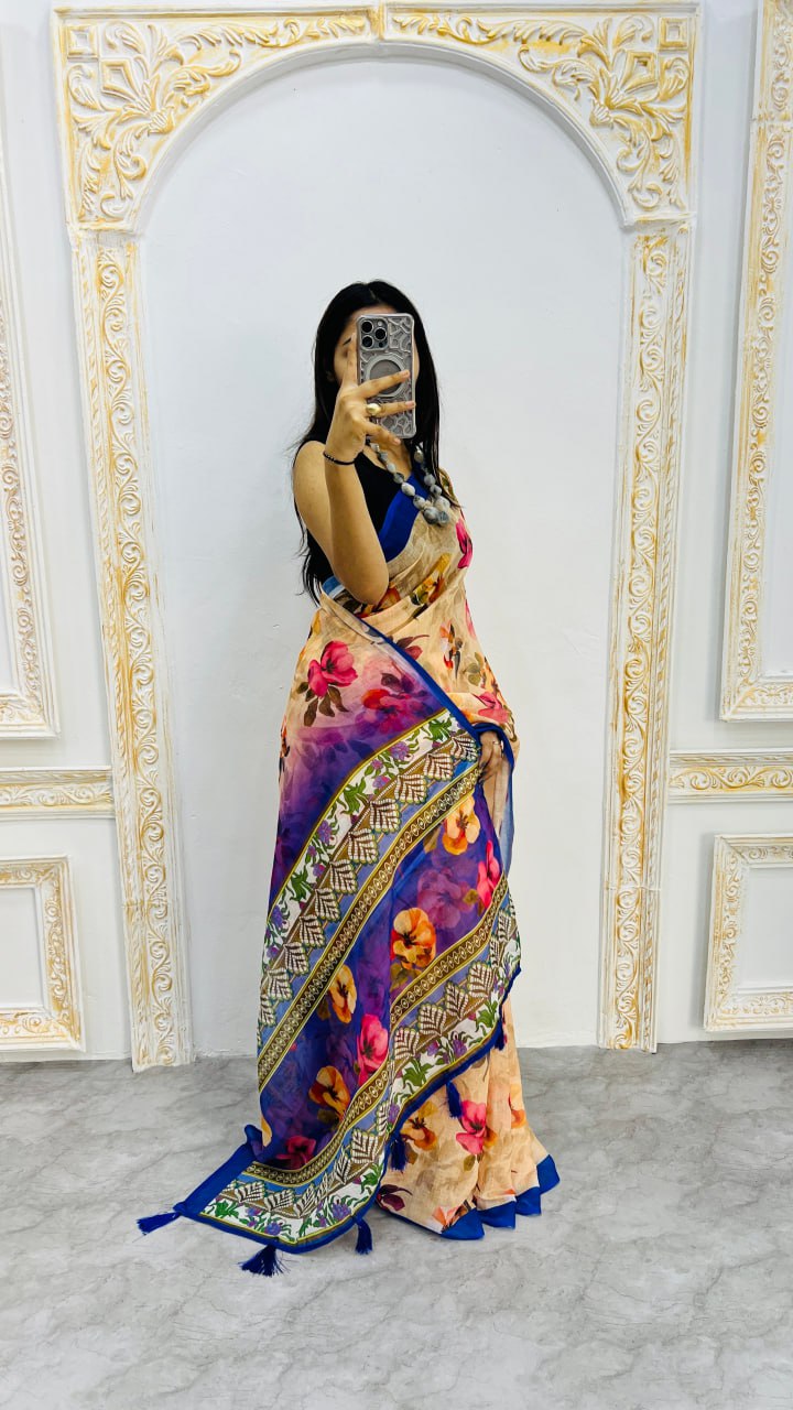 Luxury Beige Linen Saree with Elegant Floral Prints & Royal Blue Contrast Border