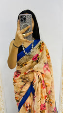 Luxury Beige Linen Saree with Elegant Floral Prints & Royal Blue Contrast Border