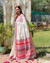 Luxury Ivory Linen Saree with Vibrant Multicolor Temple Border & Elegant Minimal Buttas