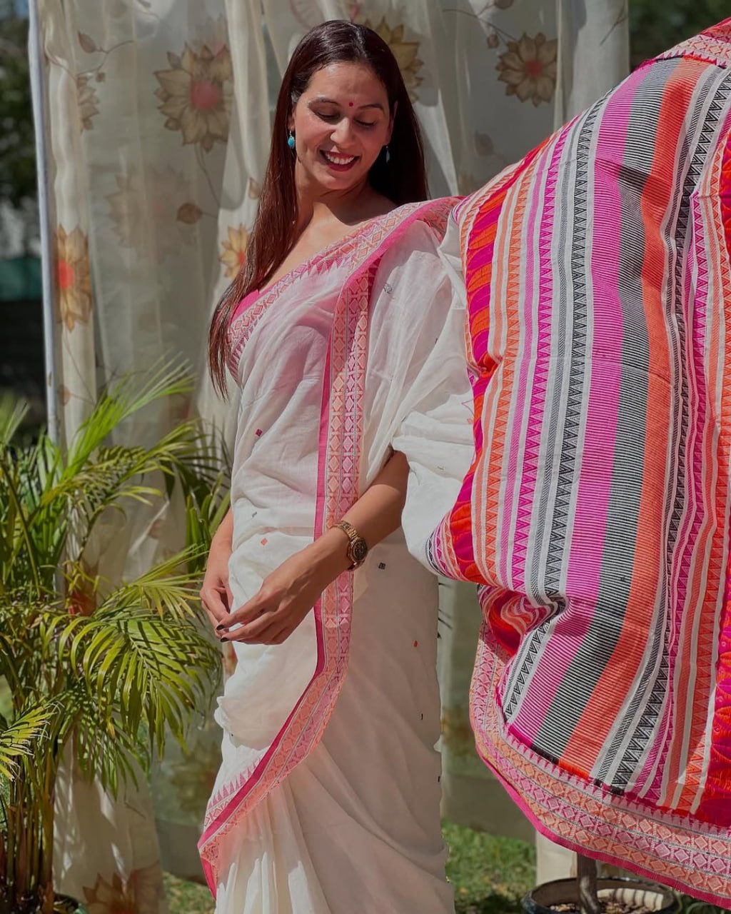 Luxury Ivory Linen Saree with Vibrant Multicolor Temple Border & Elegant Minimal Buttas
