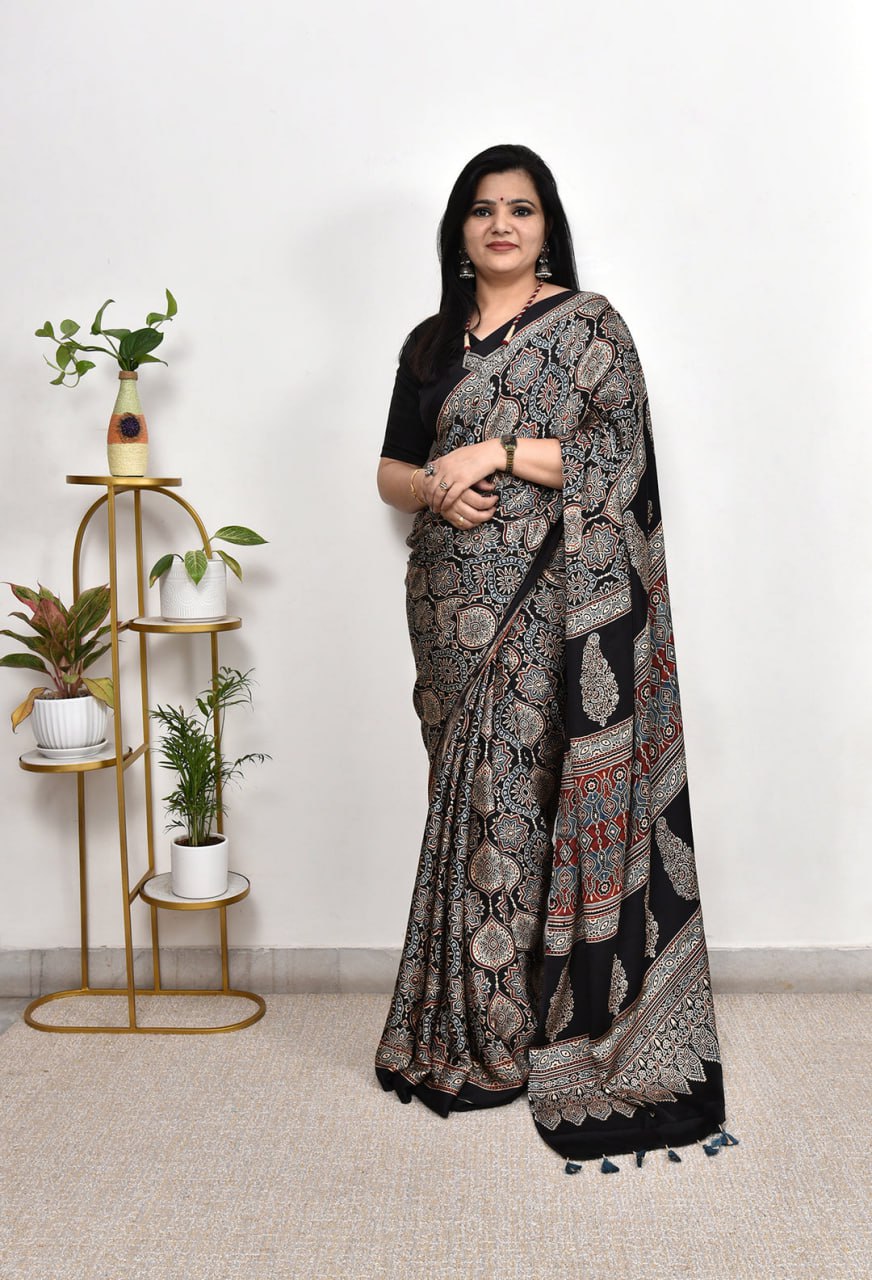 Luxury Black Linen Saree with Handcrafted Dotted Geometry Prints & Heritage Ajrakh-Inspired Border