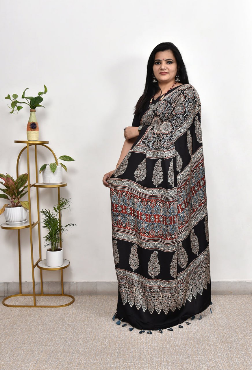 Luxury Black Linen Saree with Handcrafted Dotted Geometry Prints & Heritage Ajrakh-Inspired Border