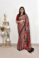 Luxury Vermilion Red Linen Saree with Bold Geometric Prints & Heritage Ajrakh-Inspired Border