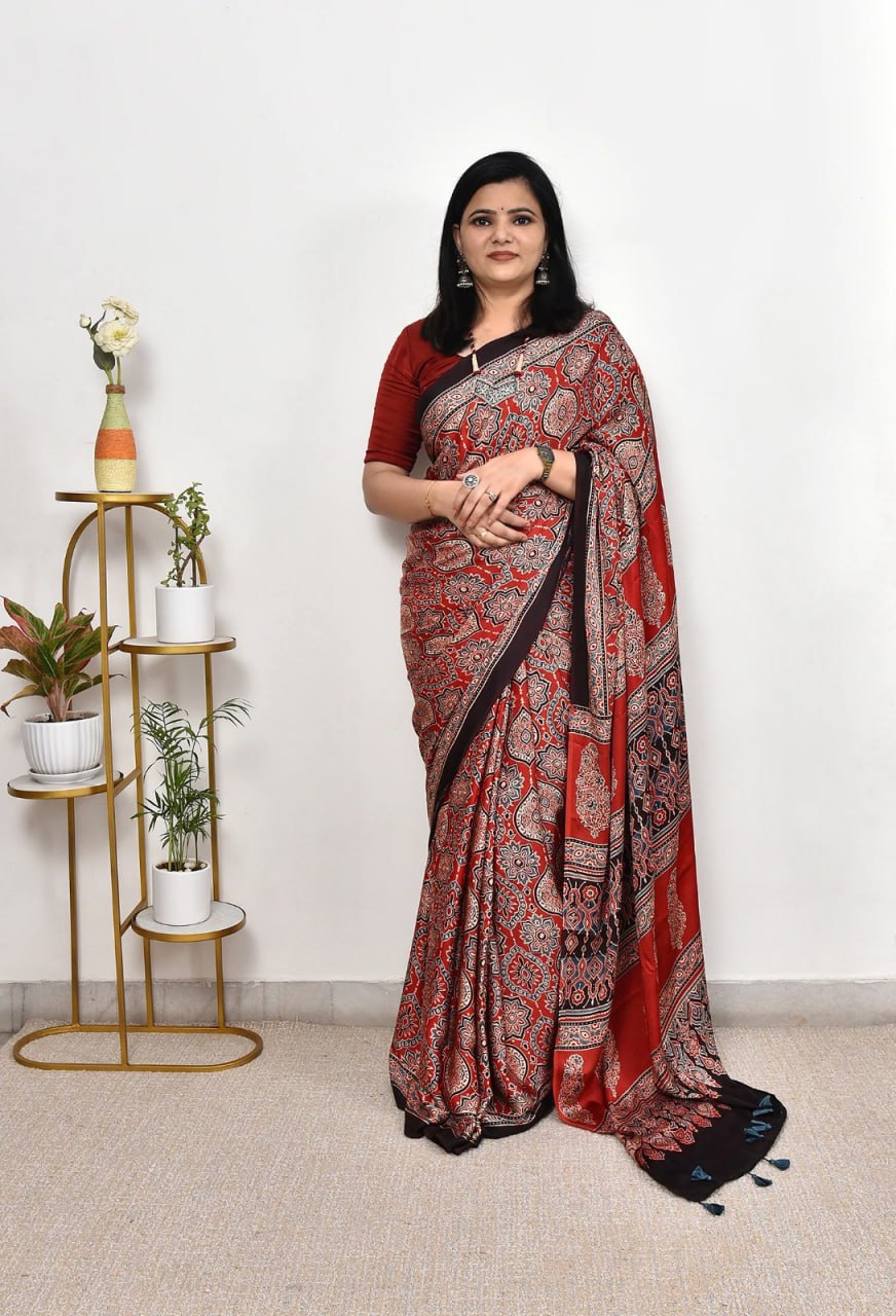 Luxury Vermilion Red Linen Saree with Bold Geometric Prints & Heritage Ajrakh-Inspired Border