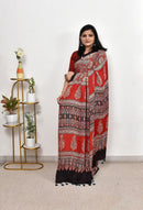 Luxury Vermilion Red Linen Saree with Bold Geometric Prints & Heritage Ajrakh-Inspired Border