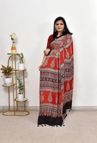 Luxury Vermilion Red Linen Saree with Bold Geometric Prints & Heritage Ajrakh-Inspired Border