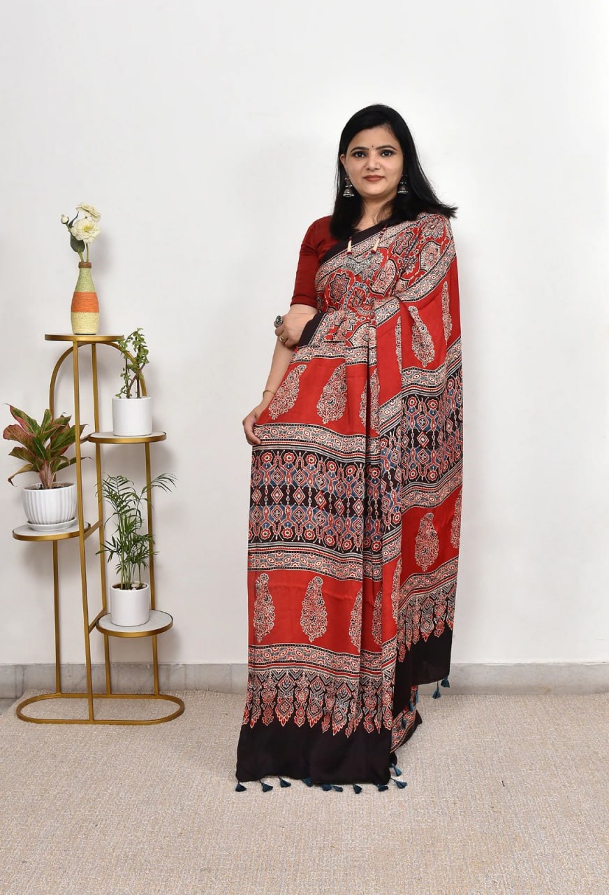 Luxury Vermilion Red Linen Saree with Bold Geometric Prints & Heritage Ajrakh-Inspired Border