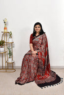 Luxury Vermilion Red Linen Saree with Bold Geometric Prints & Heritage Ajrakh-Inspired Border