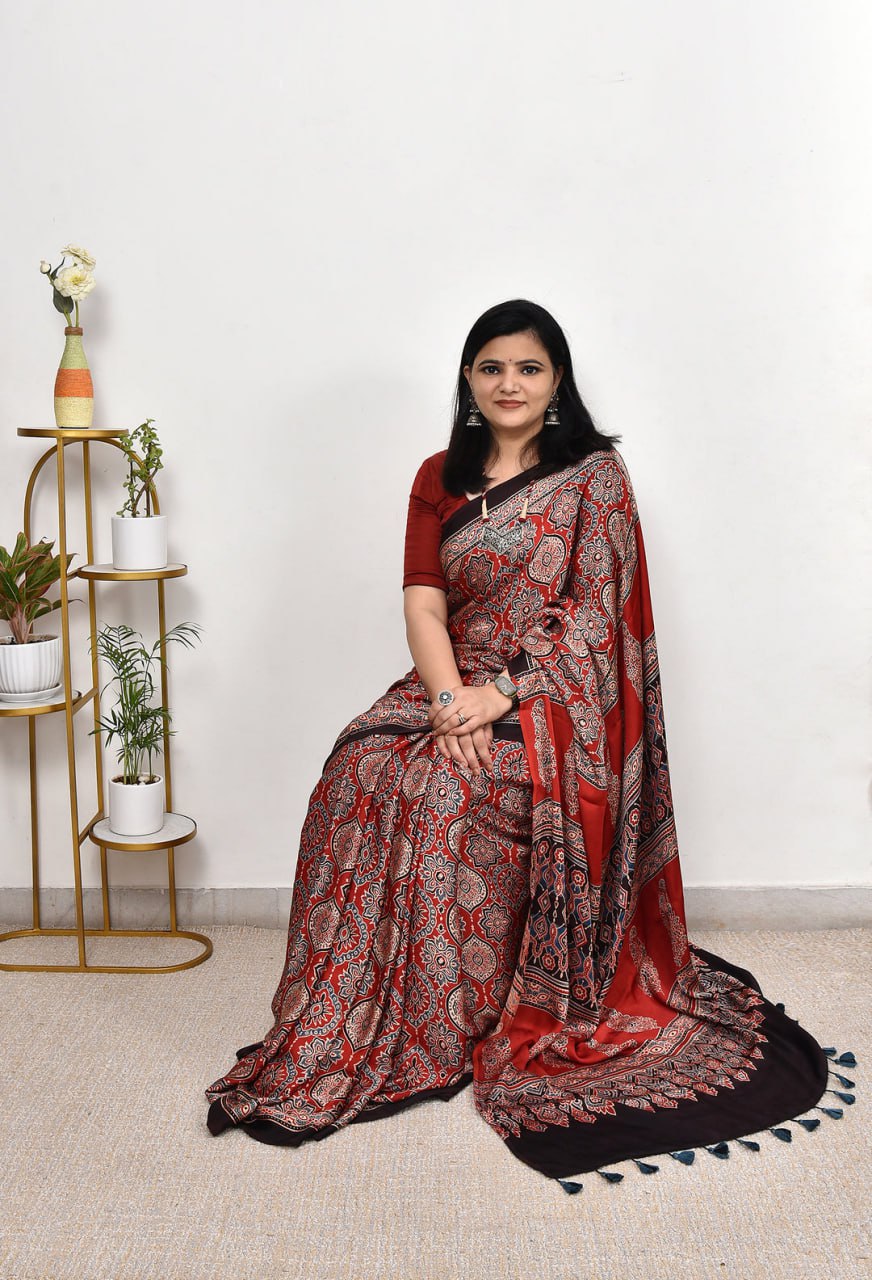 Luxury Vermilion Red Linen Saree with Bold Geometric Prints & Heritage Ajrakh-Inspired Border