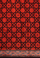 Luxury Vermilion Red Linen Saree with Bold Geometric Prints & Heritage Ajrakh-Inspired Border
