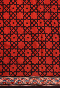 Luxury Vermilion Red Linen Saree with Bold Geometric Prints & Heritage Ajrakh-Inspired Border