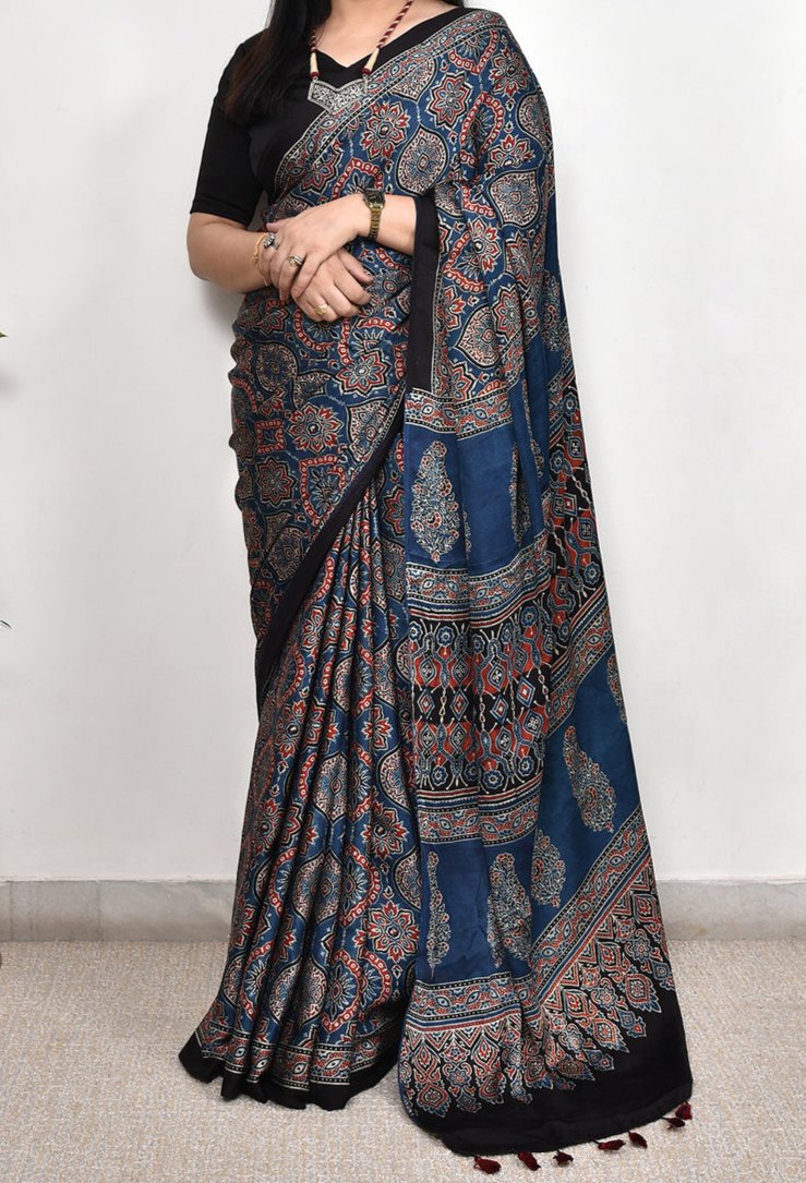 Luxury Indigo Blue Linen Saree with Bold Geometric Ajrakh Prints & Heritage Ethnic Border