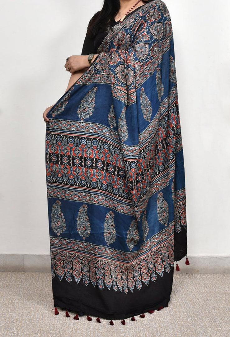 Luxury Indigo Blue Linen Saree with Bold Geometric Ajrakh Prints & Heritage Ethnic Border