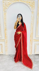 Luxury Classic Red Bandhani Printed Saree with Elegant Scalloped Border & Timeless Festive Grace