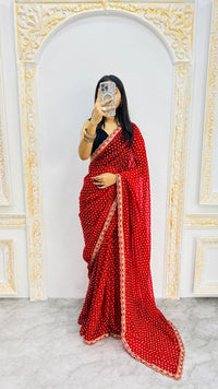 Luxury Classic Red Bandhani Printed Saree with Elegant Scalloped Border & Timeless Festive Grace