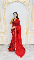 Luxury Classic Red Bandhani Printed Saree with Elegant Scalloped Border & Timeless Festive Grace