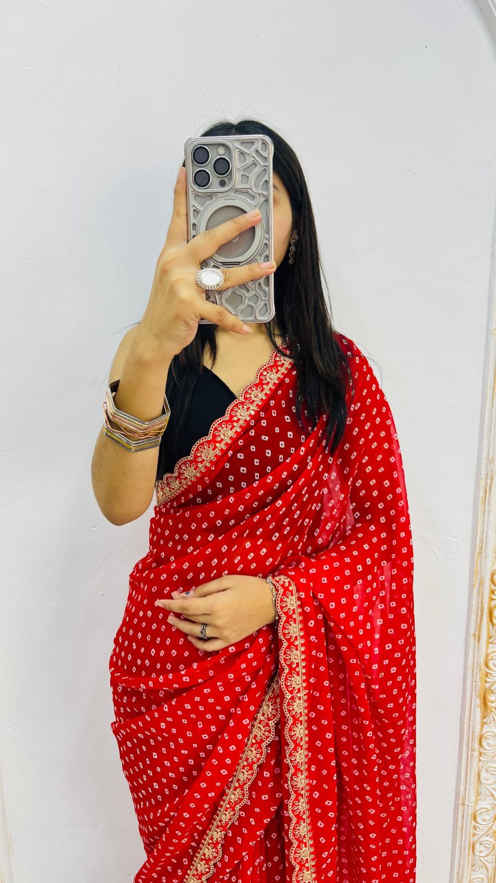 Luxury Classic Red Bandhani Printed Saree with Elegant Scalloped Border & Timeless Festive Grace