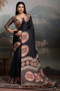 Luxury Black Designer Satin Saree with Regal Medallion Prints & Statement Pallu