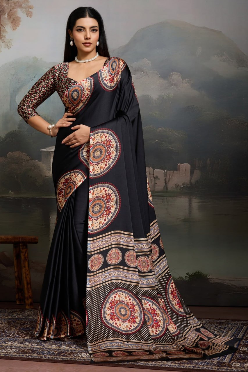 Luxury Black Designer Satin Saree with Regal Medallion Prints & Statement Pallu