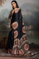 Luxury Black Designer Satin Saree with Regal Medallion Prints & Statement Pallu
