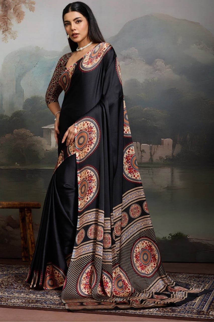 Luxury Black Designer Satin Saree with Regal Medallion Prints & Statement Pallu
