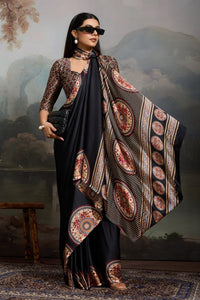 Luxury Black Designer Satin Saree with Regal Medallion Prints & Statement Pallu
