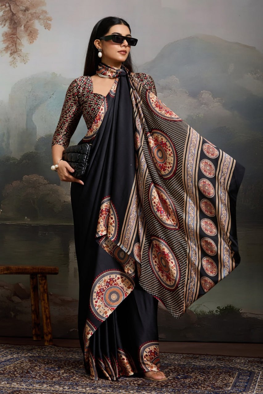 Luxury Black Designer Satin Saree with Regal Medallion Prints & Statement Pallu