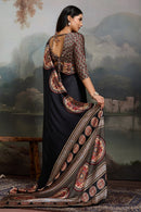 Luxury Black Designer Satin Saree with Regal Medallion Prints & Statement Pallu