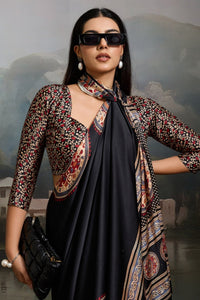 Luxury Black Designer Satin Saree with Regal Medallion Prints & Statement Pallu