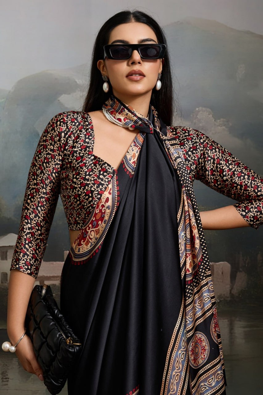 Luxury Black Designer Satin Saree with Regal Medallion Prints & Statement Pallu